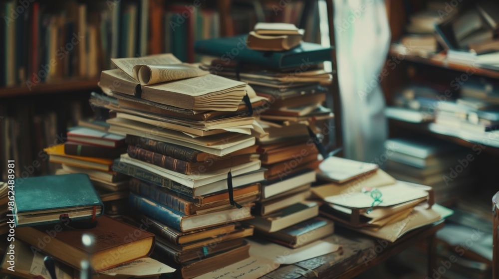 Stack of literature books with notes and bookmarks High quality images Stack of literature books with notes and bookmarks High quality images