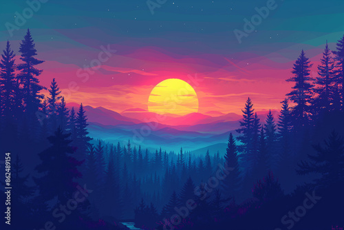 pixel art Abstract wallpaper, combining retro aesthetics with a dreamy landscape, Unique landscape artwork using pixel style, pixel art concept banner, Pixel sunset landscape with trees and mountains