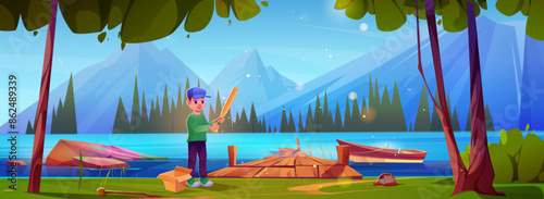 Boy play near mountain lake dock with baseball bat. Boat on rope near wooden pier on river landscape. Wharf summer view in park and kid travel to shore. Alone teenage character on shore near forest