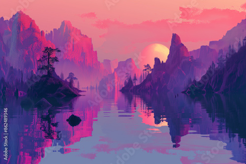 pixel art Abstract wallpaper, combining retro aesthetics with a dreamy landscape, Unique landscape artwork using pixel style, pixel art concept banner, Pixel sunset landscape with trees and mountains