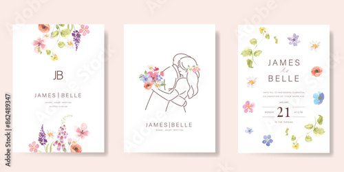 Elegant wedding invitation card background vector. Minimal hand drawn bride and groom in watercolor botanical flowers texture. Design for wedding, vip cover template, rsvp modern card, poster. 