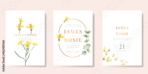 Luxury wedding invitation card background vector. Minimal hand painted watercolor botanical flowers texture template background. Design for wedding, vip cover template, rsvp modern card, poster. 