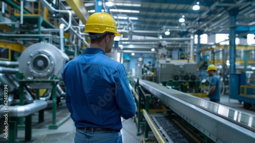 Wallpaper Mural Factory worker in blue shirt, jeans, yellow hard hat looks at large machine in busy factory setting. Torontodigital.ca