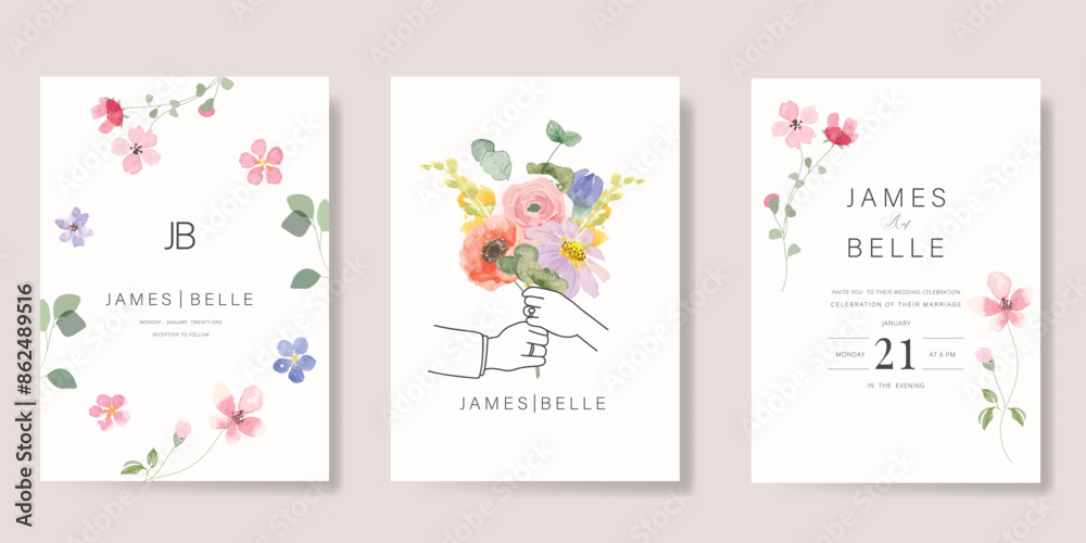 Elegant wedding invitation card background vector. Minimal hand drawn bride and groom in watercolor botanical flowers texture. Design for wedding, vip cover template, rsvp modern card, poster. Elegant wedding invitation card background vector. Minimal hand drawn bride and groom in watercolor botanical flowers texture. Design for wedding, vip cover template, rsvp modern card, poster.
