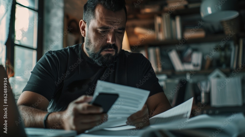 A perplexed man at home sits at his desk, looking at a document with a concerned expression while holding a smartphone. A perplexed man at home sits at his desk, looking at a document with a concerned expression while holding a smartphone.