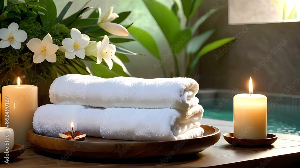 Scented candles, towels, greenery. pool. The concept of spa, relaxation, rest, pleasant atmosphere Scented candles, towels, greenery. pool. The concept of spa, relaxation, rest, pleasant atmosphere