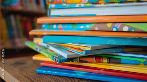 Stack of children's books with bright illustrations High quality images