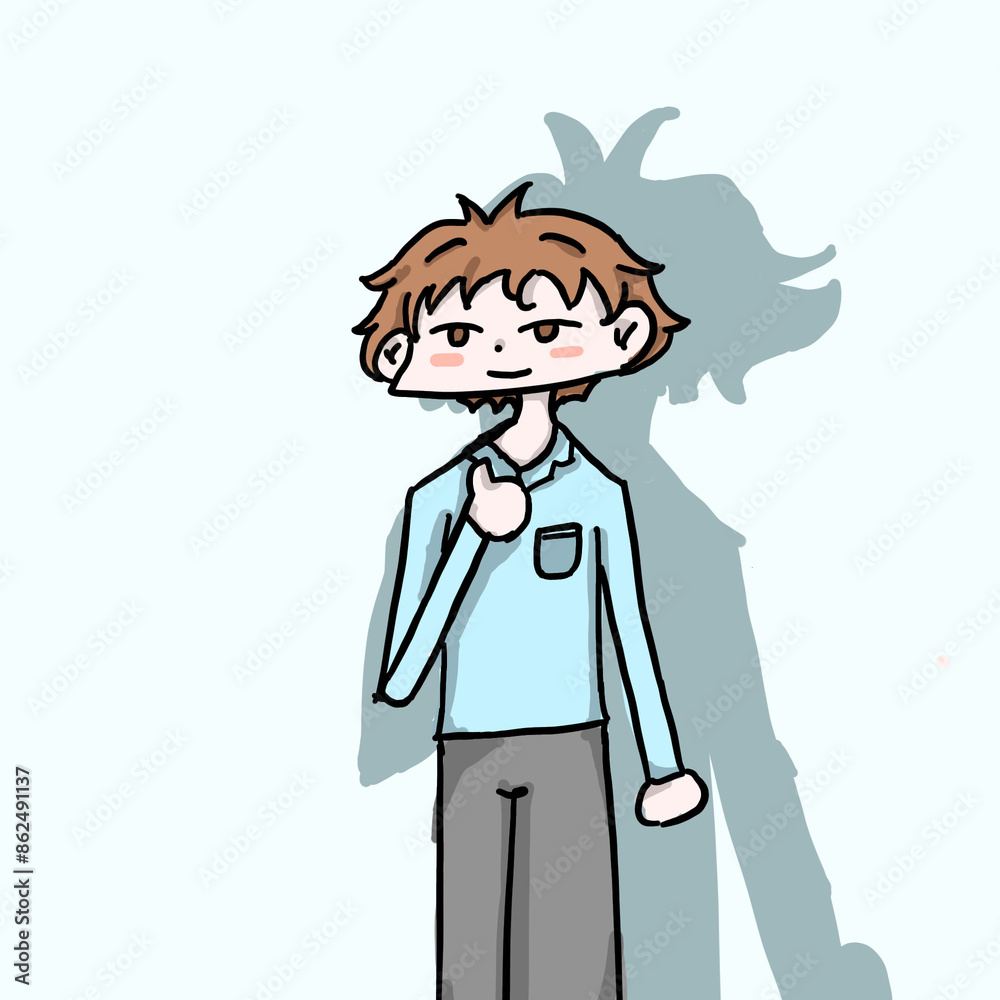 cartoon illustration a man with blond hair and blue clothes is standing, seeing a shadow appear behind him. cartoon illustration a man with blond hair and blue clothes is standing, seeing a shadow appear behind him.