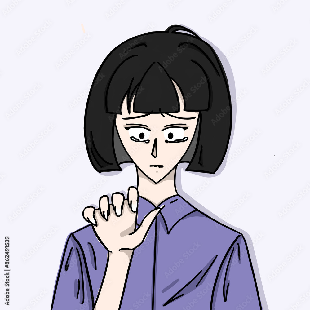 A cartoon woman with short hair stands with her hands stretched out in front of her, pretending to hold. A cartoon woman with short hair stands with her hands stretched out in front of her, pretending to hold.