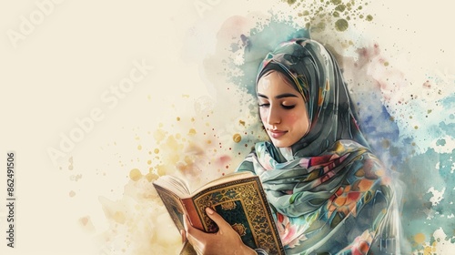 Illustration in a watercolor style with a young woman reading quran photo