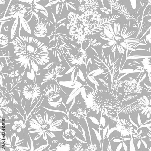 Seamless pattern with white flowers - Chamomilla, Taraxacum, Burdock, Clover, Achillea Millefolium and grass isolated on the gray background. Hand-drawn illustrations of wildflowers.
