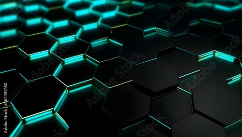 Hexagonal background with neon light, game wallpaper for setup