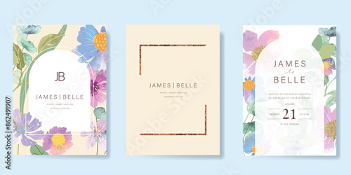 sweet elegant pink botanical Wedding Invitation, floral invite thank you, rsvp modern card Design in leaf and flower water color texture decorative Vector elegant rustic template
