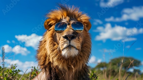 Majestic Lion Wearing Sunglasses in the Savanna