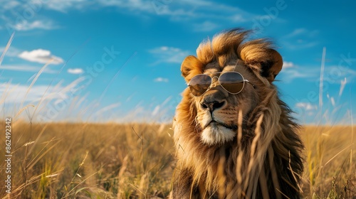 Majestic Lion Wearing Sunglasses in the Savanna