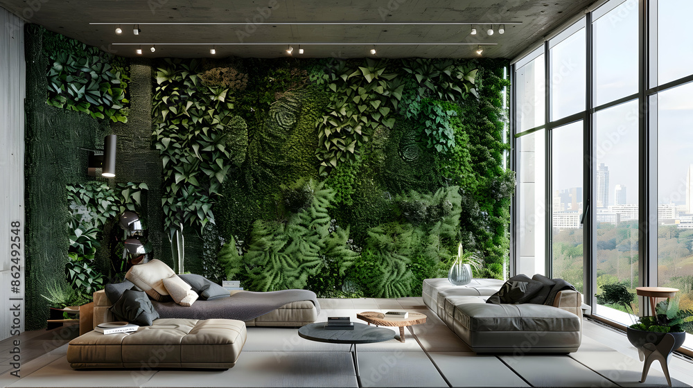 Fototapeta premium Urban Jungle: Living walls with urban accents, nature-inspired furniture, open spaces with lush greenery
