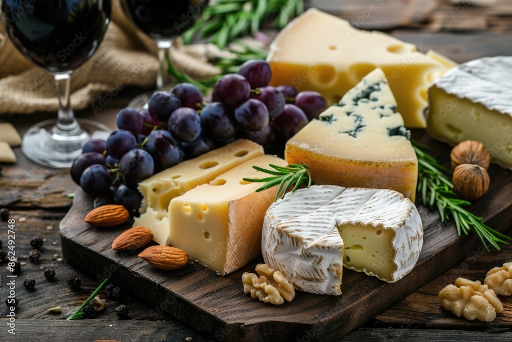 Cheeses Platter with Grapes, Nuts, and Rosemary on Wooden Background Cheeses Platter with Grapes, Nuts, and Rosemary on Wooden Background