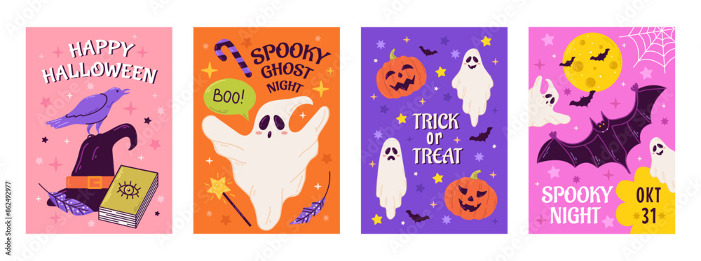 Fototapeta premium Happy Halloween party posters or flyers set. Vector illustration with pumpkin, ghost, moon, bat, and spiders web