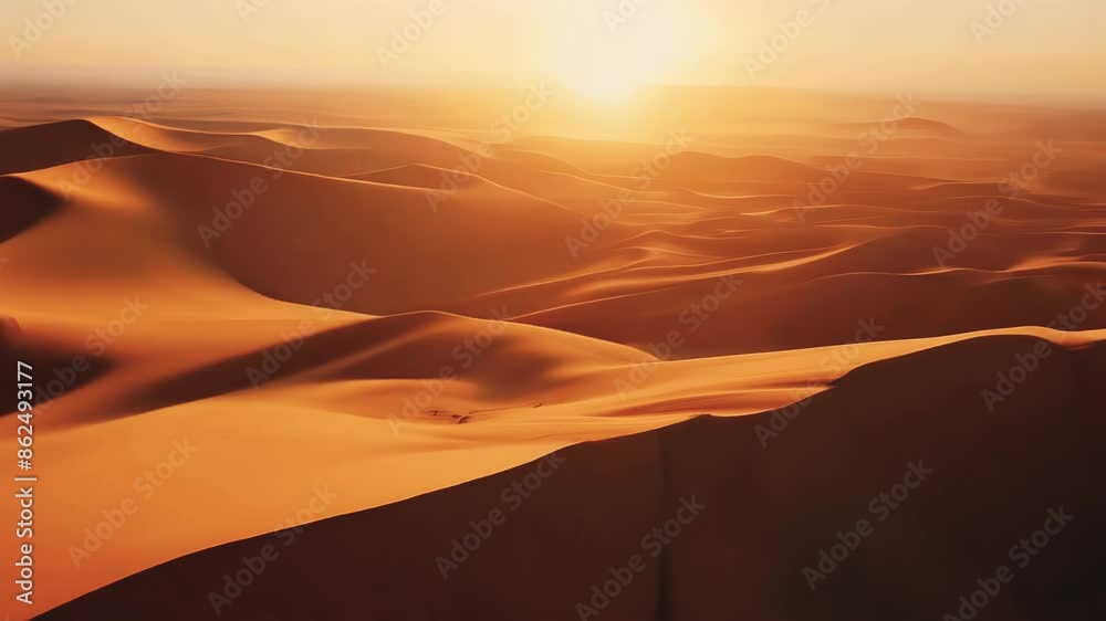 Drone, desert or sunset in Dubai for sand landscape