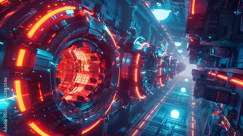 Fototapeta premium A futuristic cityscape with neon lights and glowing orbs. The atmosphere is futuristic and otherworldly. The image is a work of art that showcases the creativity and imagination of the artist