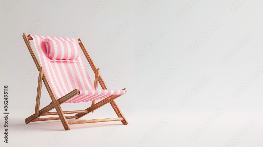 Pink striped beach chair for summer getaways on white background Pink striped beach chair for summer getaways on white background