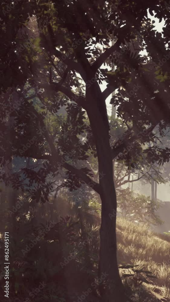 Sunlight gracefully seeps through lush foliage, creating an ethereal scene within the jungle.