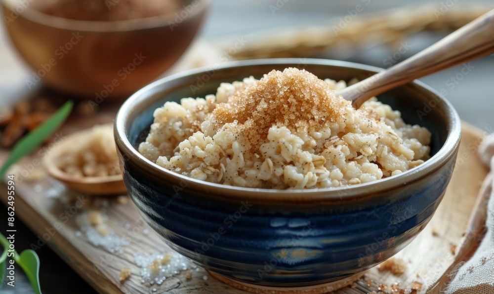 Brown sugar being stirred into oatmeal in a cozy breakfast setting Warm, wholesome breakfast scene with a focus on homemade oatmeal Brown sugar being stirred into oatmeal in a cozy breakfast setting Warm, wholesome breakfast scene with a focus on homemade oatmeal