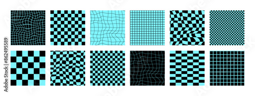 Psychedelic wavy checkerboard, acid background. Surreal modern geometric shapes, abstract print, and checkered patterns. Groovy background in the trendy style of Y2K, the 90s. Blue and black colors