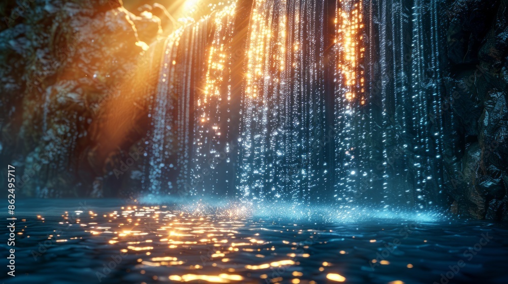 Sunlit Waterfall: Rays and Splashes in a Serene Natural Setting Sunlit Waterfall: Rays and Splashes in a Serene Natural Setting