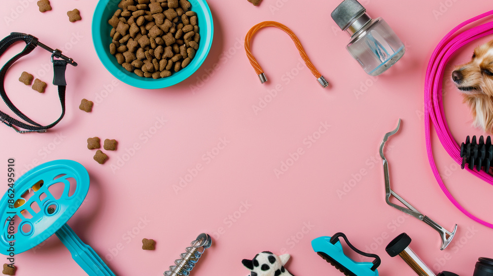 Pet supplies and accessories arranged on a pink background, including food bowls, toys, and grooming tools