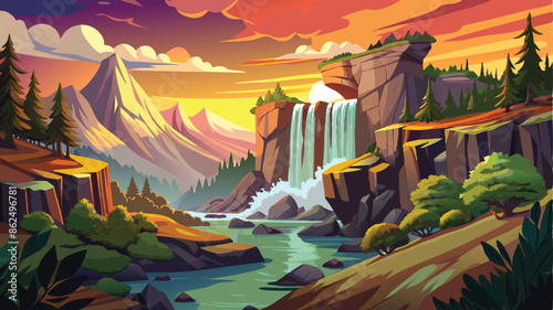 powerful waterfall cascading over rocky cliffs surrounded by a lush, forested landscape at sunset, vector cartoon background