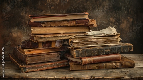 Stack of historical novels and documents High quality images