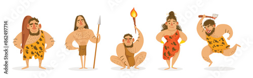 Stone Age People Character with Ancient Tool Vector Set