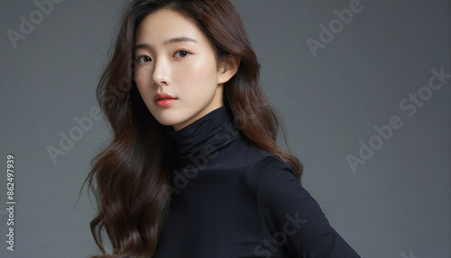 Koreans, 20s, long hair, pure, studio photos, gray background, flawless skin, k-beauty, Turtleneck