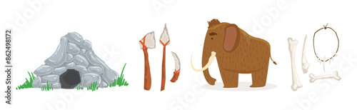 Stone Age Ancient Tool and Mammoth Animal Vector Set