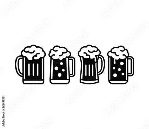 beer mug glass drink icon symbol vector design black white color illustration collection set isolated