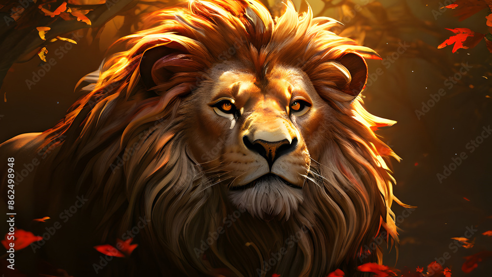 Fototapeta premium the-lion-is-looking-for-a-prey-cooler-full-arts lion, wild, wildlife, nature, animal, africa, king, cat, carnivore, feline, mammal, male, dangerous, predator, background, hunter, danger, mane, leo, 