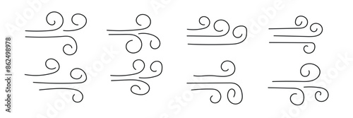 Doodle wind line sketch set. Hand drawn doodle wind motion, air blow, swirl elements. Sketch drawn air blow motion, smoke flow art, abstract line. Isolated on white background in eps 10.