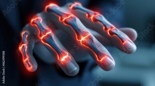 Human Hand with Visible Bones and Red Glowing Joints. photo