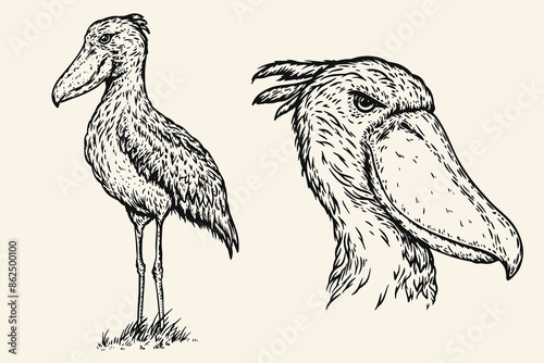 Hand drawn shoebill bird in sketch style. Monochrome vector illustration isolated on white background.