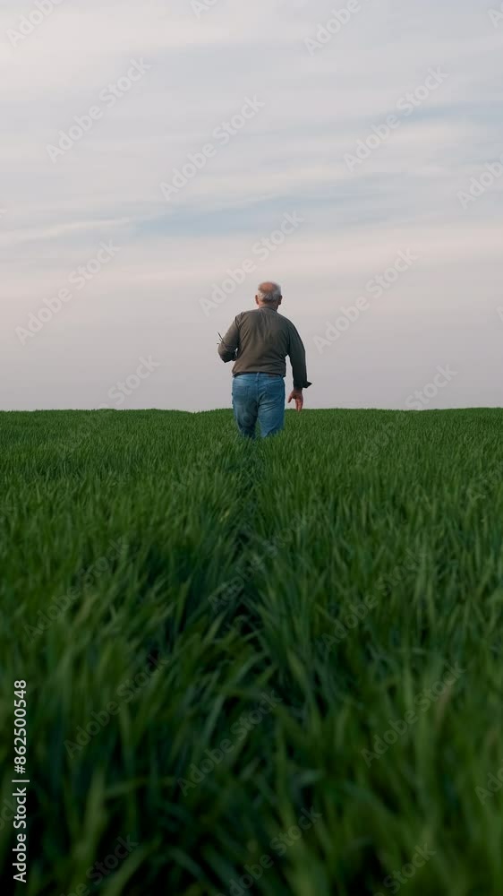 Rear view of senior farmer walking in wheat field. Rear view of senior farmer walking in wheat field.