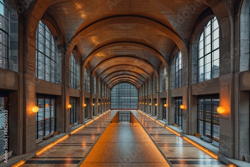 Industrial design project empty hall with led lights on top, grey walls and glossy concrete floor