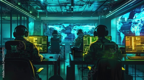 Military Surveillance Team of Officers in Headsets Working in a Central Office Hub for Cyber Operations for Managing National Security.