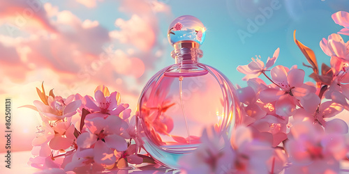 Fresh spring romantic image stylish transparent glass perfume bottles Stylish perfumes banner with pink flowers and pink clouds on sky background.