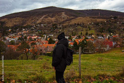 Woman tourist in black outfit looking at the Devin district which is located in the Bratislava region of Slovakia. photo