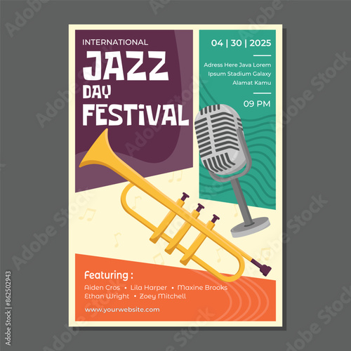 Jazz poster Jazz festival poster with trumpet microphone flat illustration. Music festival flyer design template.