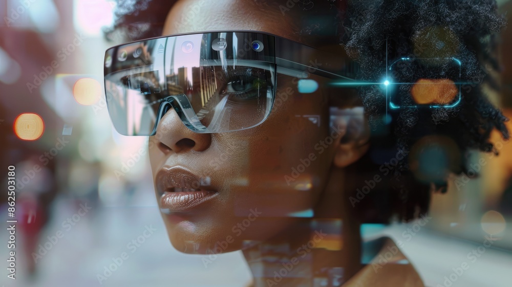 Woman with dark skin wearing smart glasses featuring augmented reality interface