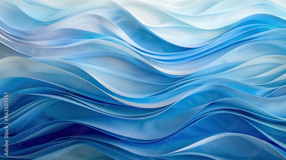 Abstract background of flowing curves and soft gradients captures the essence of tranquil seascape. Waves of azure and blue blend harmoniously, evoking serene dance of oceanic currents. Generative AI