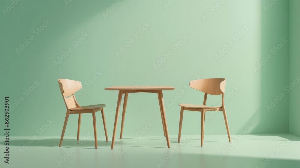 Chair table. Minimal style Two chair and table on light green background.Simple Furniture style.