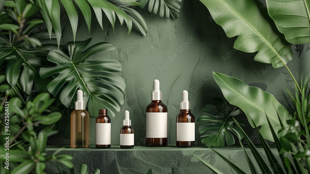 Natural Skincare Products Displayed Amongst Lush Green Foliage with a Serene Ambience
